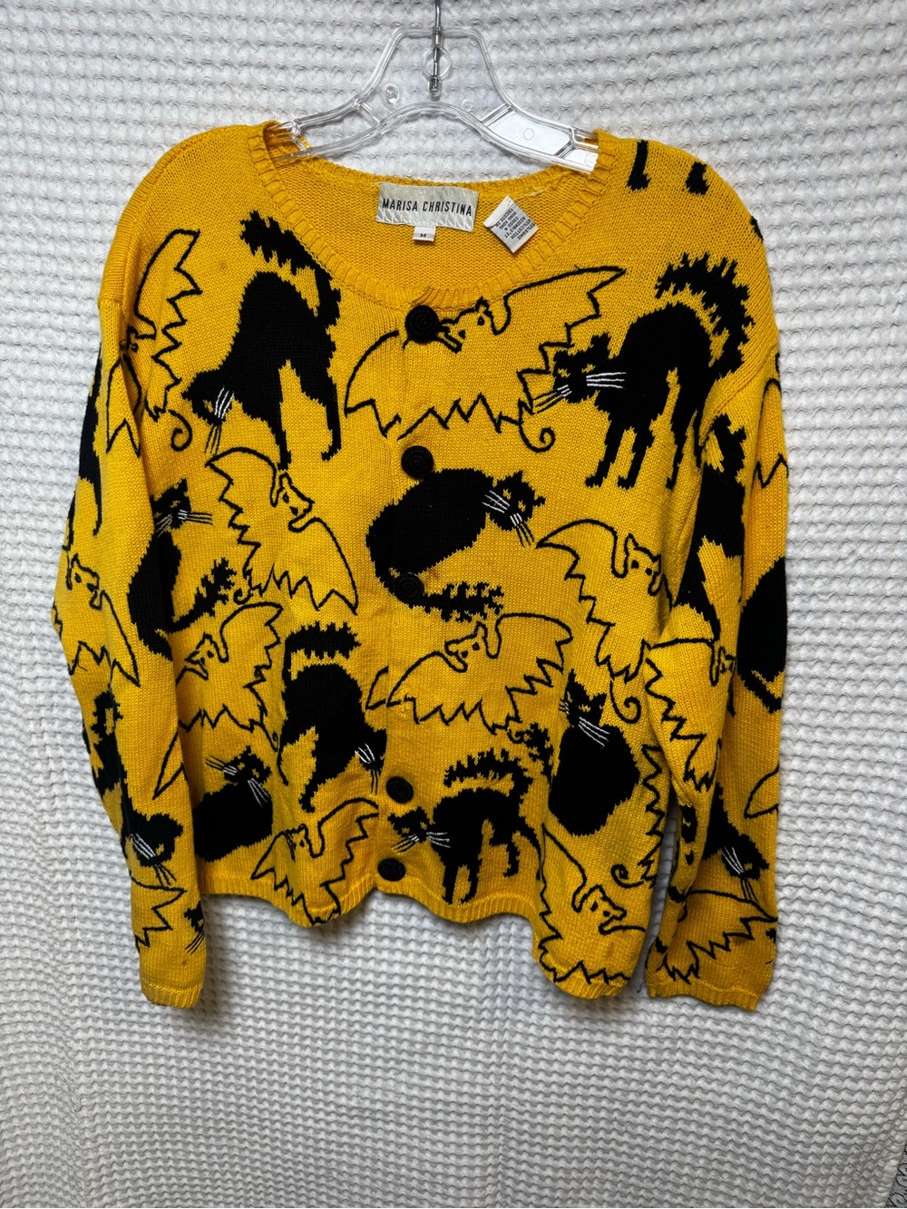 Vintage Marisa Christina Yellow w/ Black Cat Flying Bat Spooky Knit Coat Size M